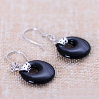 Natural Black Agate Round Dangle Earrings