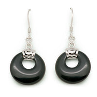 Natural Black Agate Round Dangle Earrings
