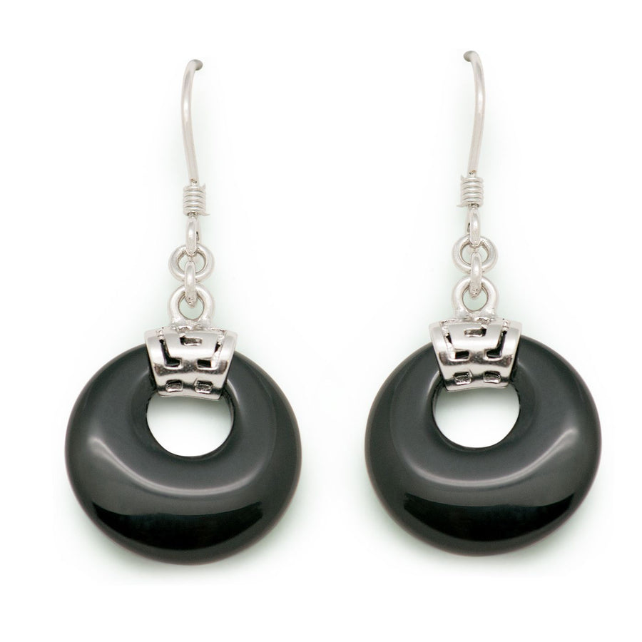Natural Black Agate Round Dangle Earrings