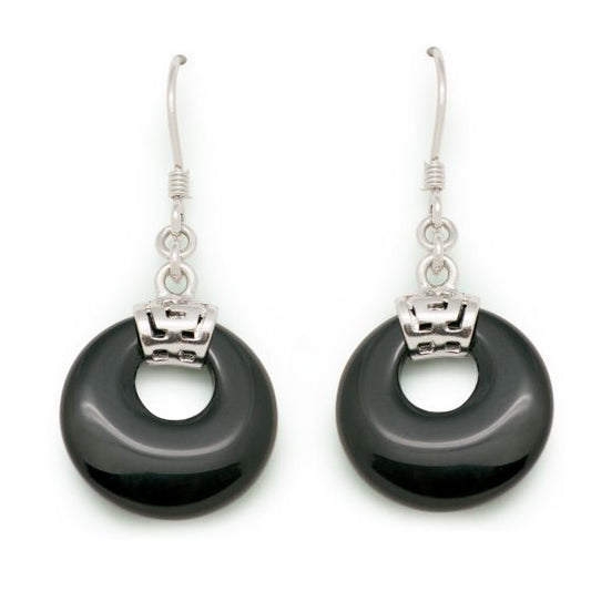 Natural Black Agate Round Dangle Earrings