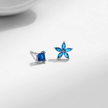 Sterling Silver Asymmetrical Flower Blue Stud Earrings