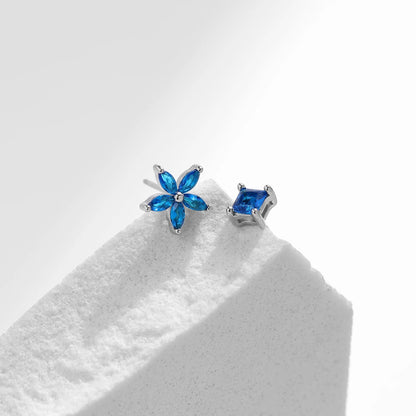Sterling Silver Asymmetrical Flower Blue Stud Earrings