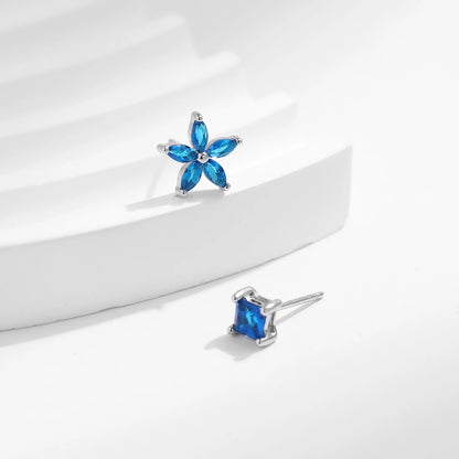Sterling Silver Asymmetrical Flower Blue Stud Earrings