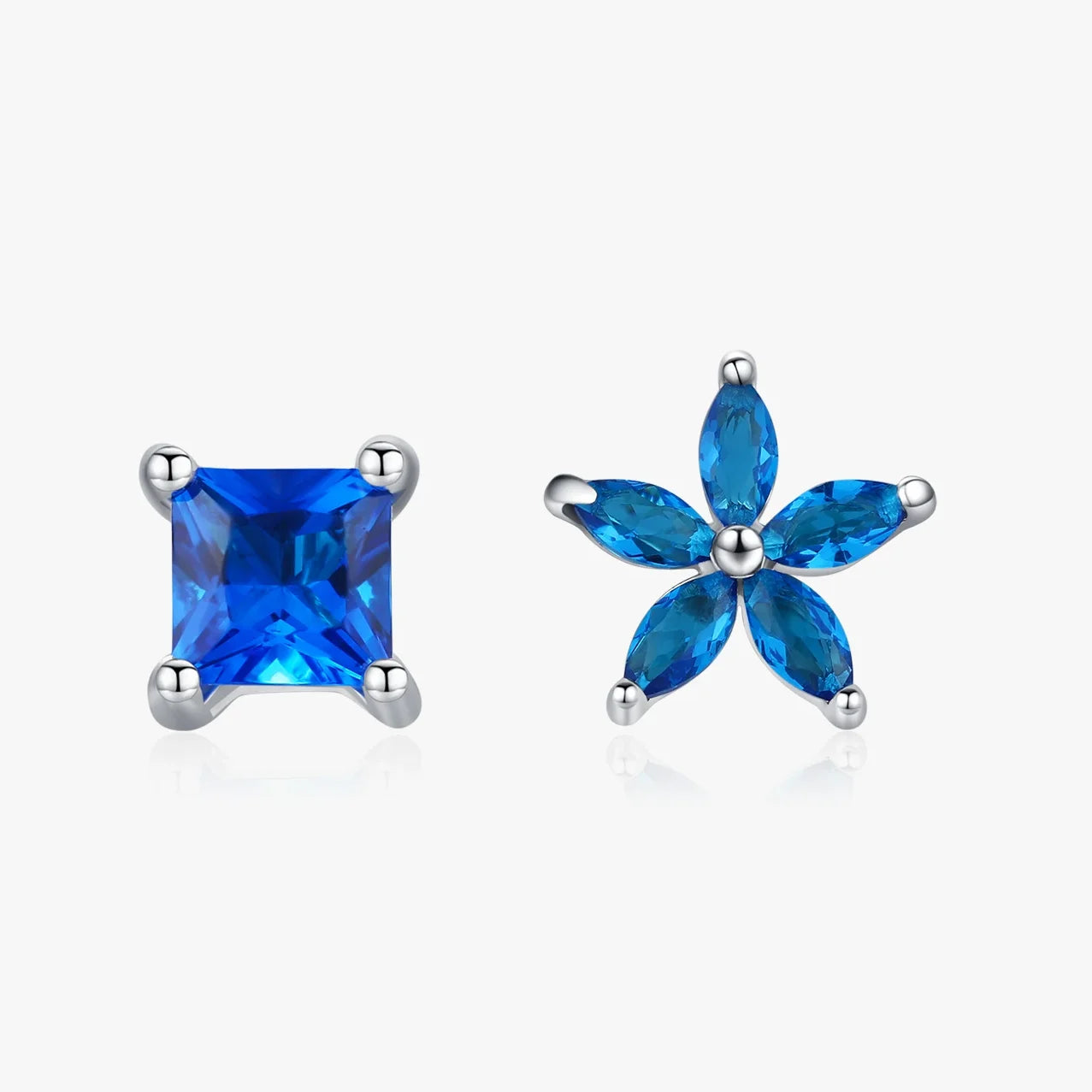 Sterling Silver Asymmetrical Flower Blue Stud Earrings