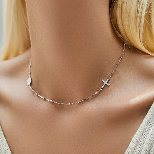 Sterling Silver Daisy Cross Flower Choker Necklace