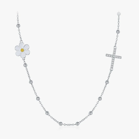 Sterling Silver Daisy Cross Flower Choker Necklace