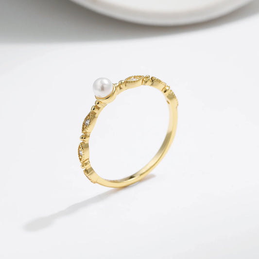 Sterling Silver Crystal Pearl Vintage Thin Ring
