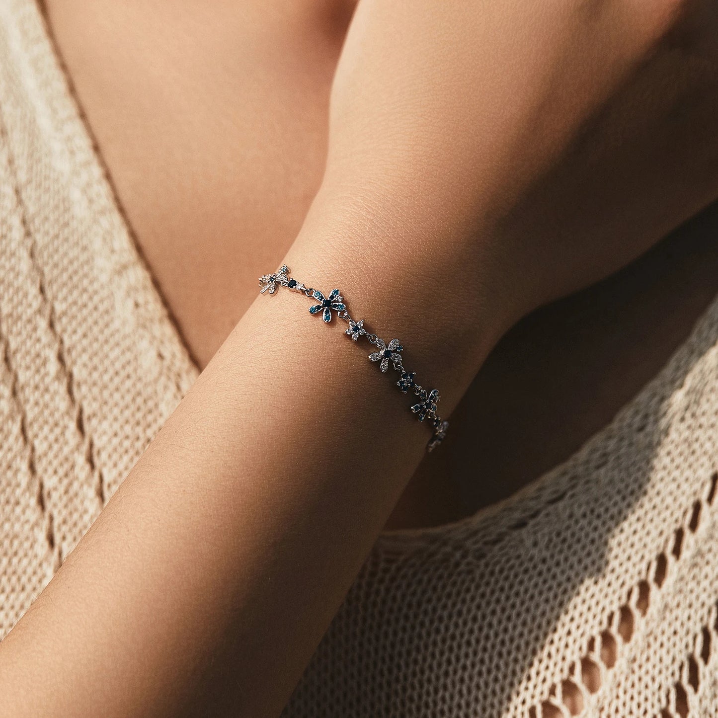 Sterling Silver Flower Pave Bracelet
