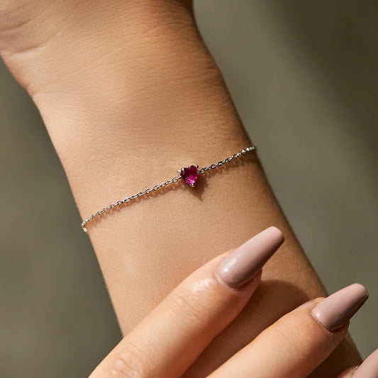 Sterling Silver Created Ruby Heart Bracelet