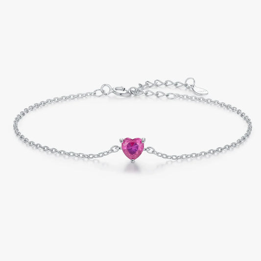 Sterling Silver Created Ruby Heart Bracelet