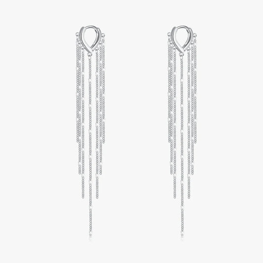 Sterling Silver Cubic Zirconia Long Tassel Hoop Earrings