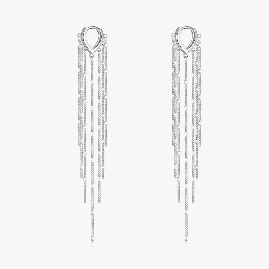 Sterling Silver Cubic Zirconia Long Tassel Hoop Earrings