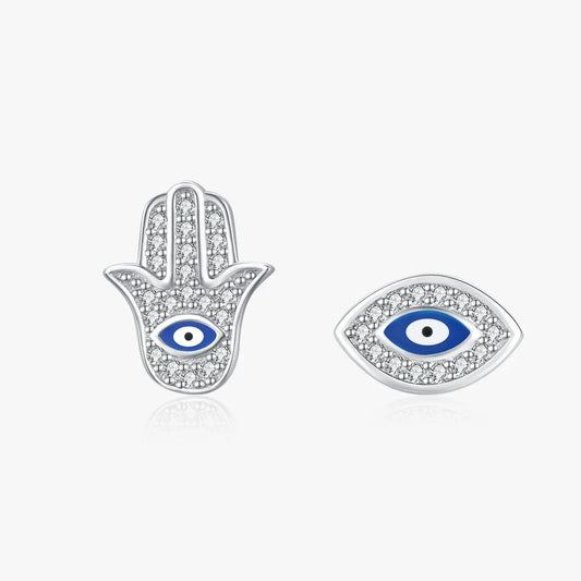 Sterling Silver Blue Eye Enamel Palm Stud Earrings