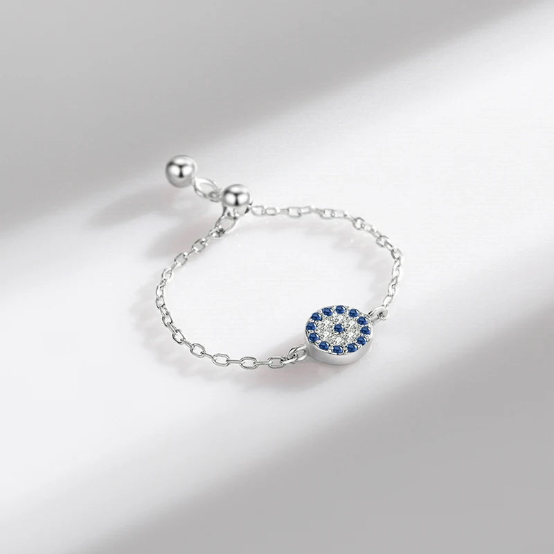 Sterling Silver Adjustable Blue Evil Eye Chain Ring