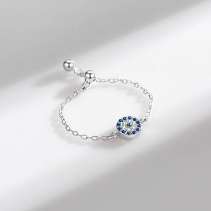 Sterling Silver Adjustable Blue Evil Eye Chain Ring