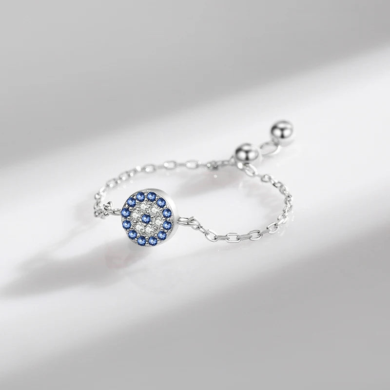 Sterling Silver Adjustable Blue Evil Eye Chain Ring