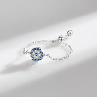 Sterling Silver Adjustable Blue Evil Eye Chain Ring