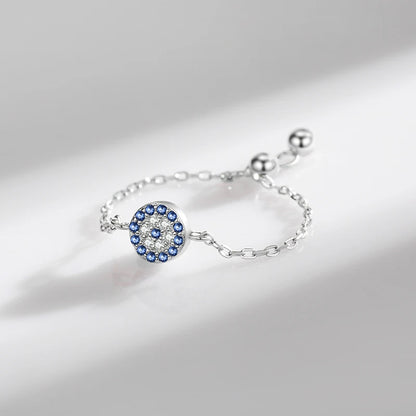 Sterling Silver Adjustable Blue Evil Eye Chain Ring