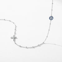 Sterling Silver Cross and Blue Zirconia Eye Link Chain Necklace
