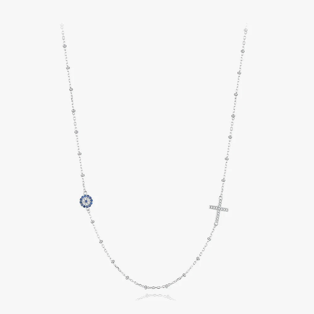 Sterling Silver Cross and Blue Zirconia Eye Link Chain Necklace