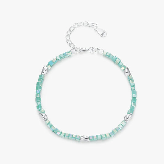 Sterling Silver Square Green Crystal Charm Bracelet