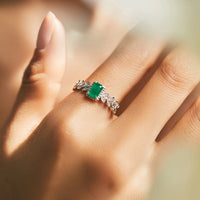 Vintage Sterling Silver Leaf Created Emerald Ring