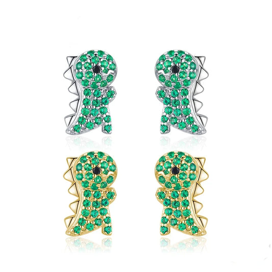 Sterling Silver Green Dinosaur Stud Earrings