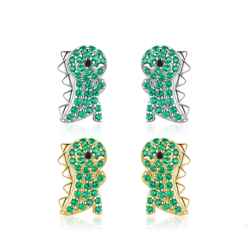 Sterling Silver Green Dinosaur Stud Earrings