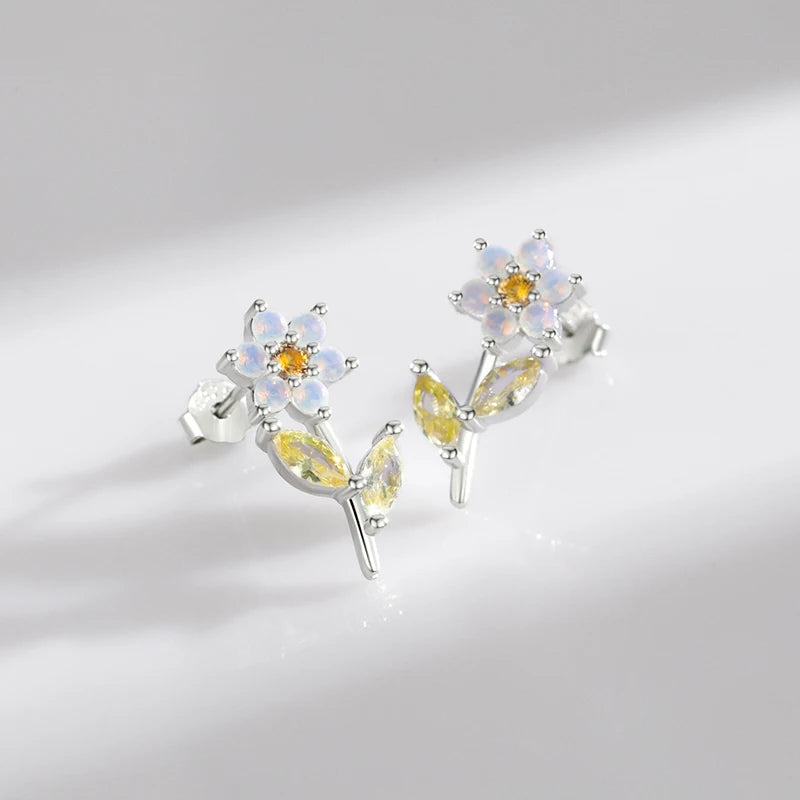 Sterling Silver Created Opal Flower Stud Earrings