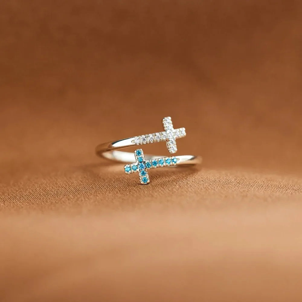 Sterling Silver Double Cross Open Ring