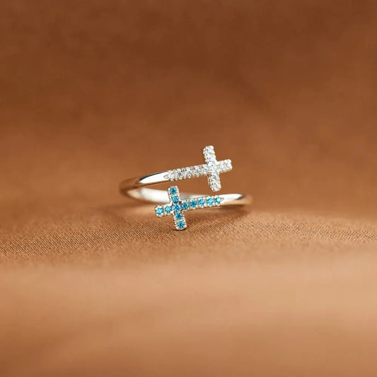 Sterling Silver Double Cross Open Ring
