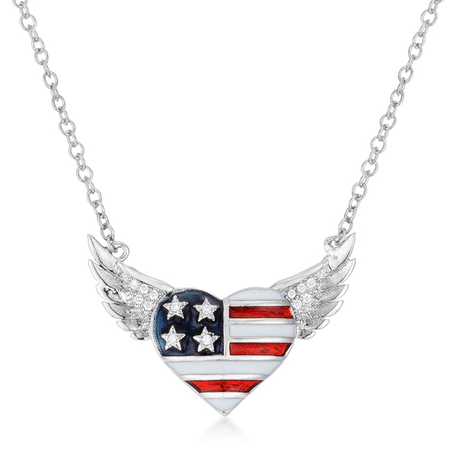 0.14 Ct Patriotic Winged Heart Necklace with Crystal Accents