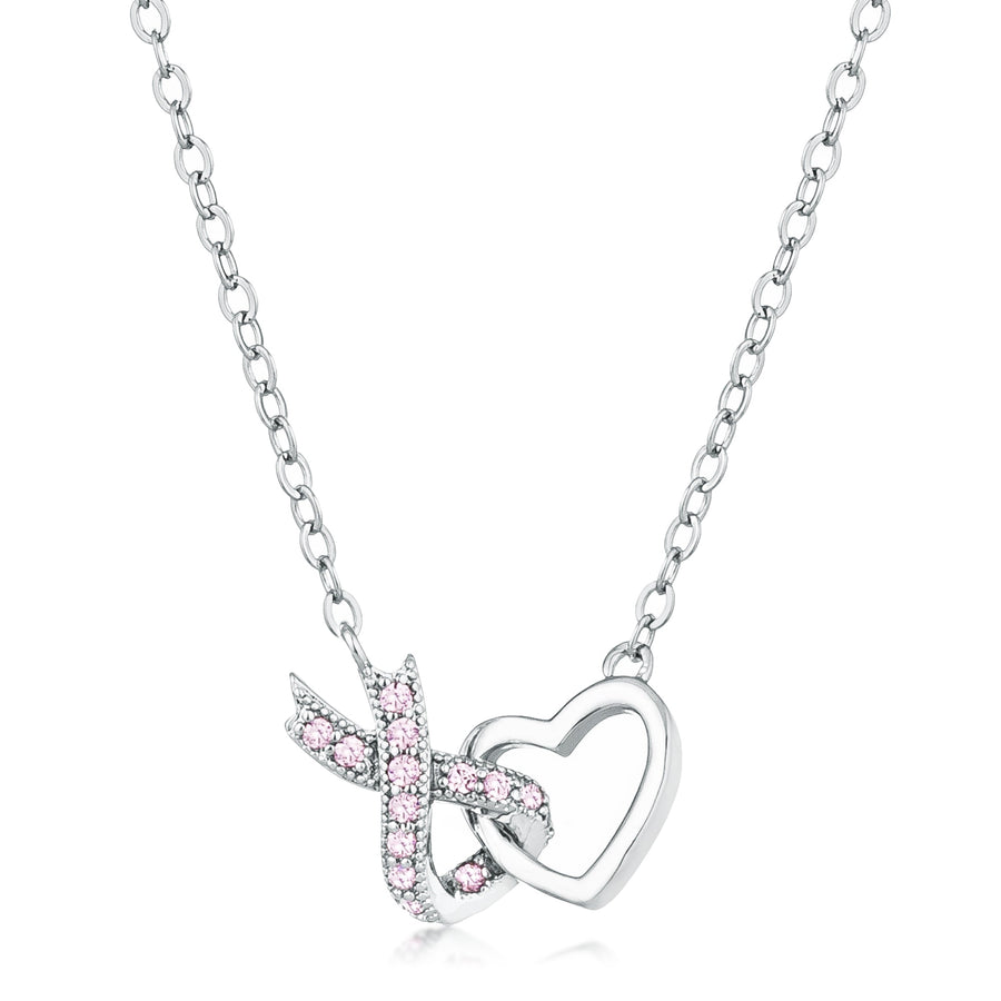 Rhodium Plated Pink Crystal Interlocking Heart Ribbon Pendant