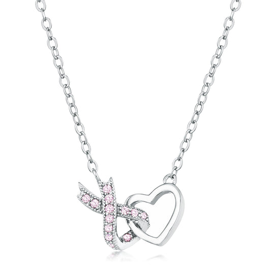 Rhodium Plated Pink CZ Heart Ribbon Pendant