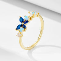 Sterling Silver Created Opal Sapphire Butterfly Flower Ring