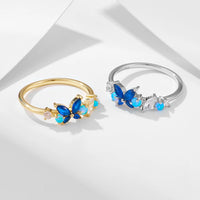 Sterling Silver Created Opal Sapphire Butterfly Flower Ring