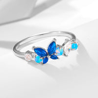 Sterling Silver Created Opal Sapphire Butterfly Flower Ring