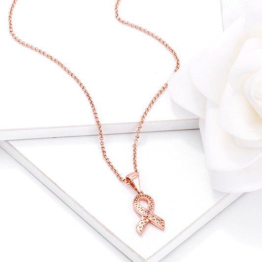 18k Rose Gold Plated Heart Filigree Breast Cancer Ribbon Pendant