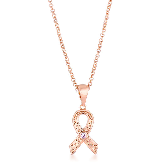 18k Rose Gold Plated Heart Filigree Breast Cancer Ribbon Pendant