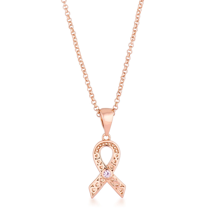 18k Rose Gold Plated Heart Filigree Breast Cancer Ribbon Pendant