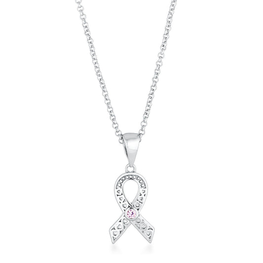 Rhodium Plated Heart Filigree Breast Cancer Ribbon Pendant