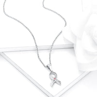 Rhodium Plated Heart Filigree Breast Cancer Ribbon Pendant