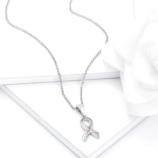 Rhodium Plated Heart Filigree Breast Cancer Ribbon Pendant