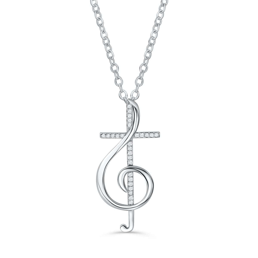 Rhodium Plated Sterling Silver Treble Clef Cross Necklace
