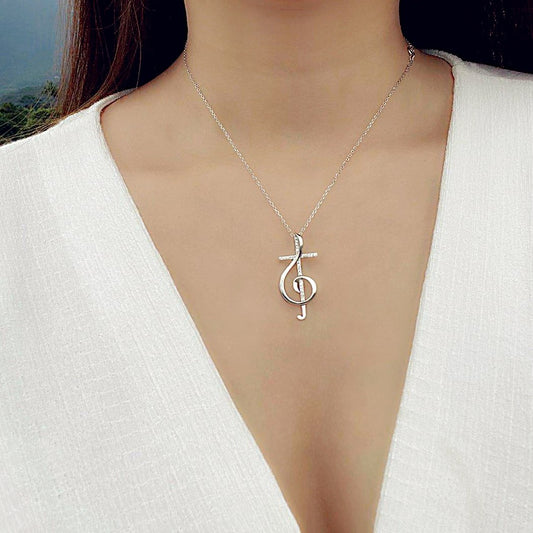 Rhodium Plated Sterling Silver Treble Clef Cross Necklace