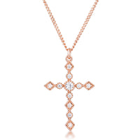 Art Deco Rose Gold Cross Pendant with Clear Crystal