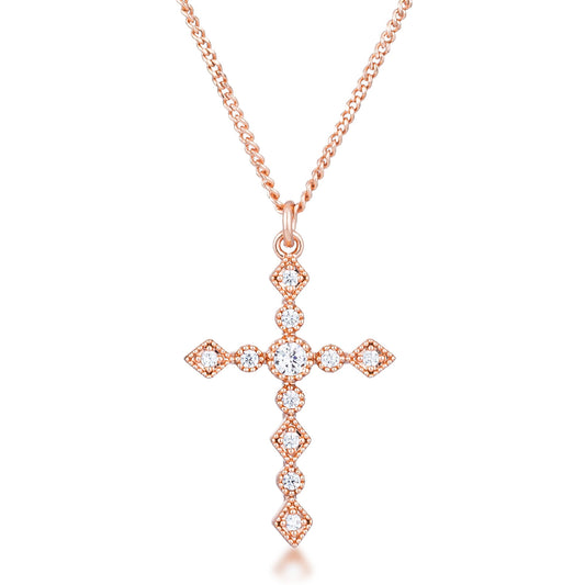 Art Deco Rose Gold Cross Pendant with Clear CZ
