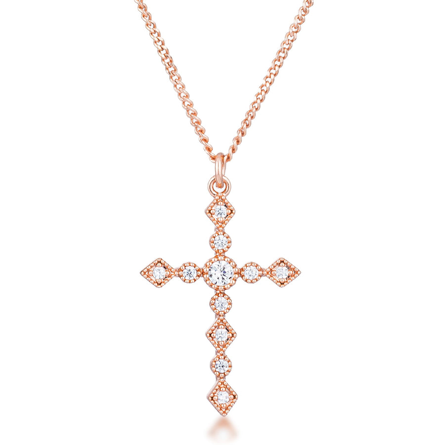 Art Deco Rose Gold Cross Pendant with Clear Crystal