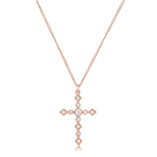 Art Deco Rose Gold Cross Pendant with Clear CZ