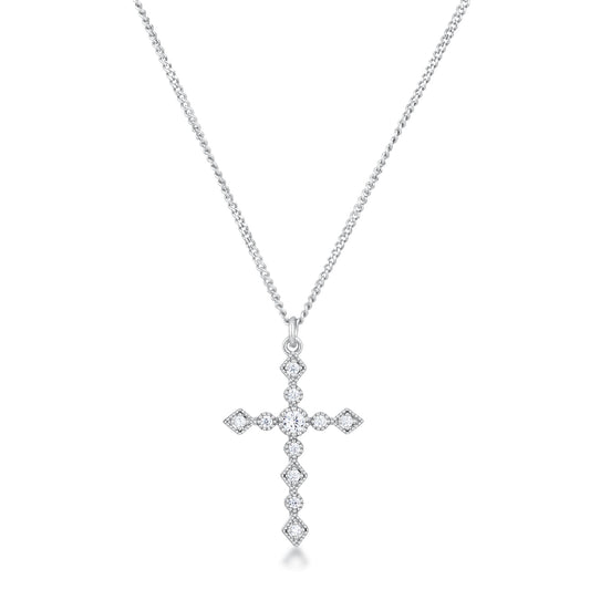 Art Deco Rhodium-Plated Clear CZ Cross Pendant